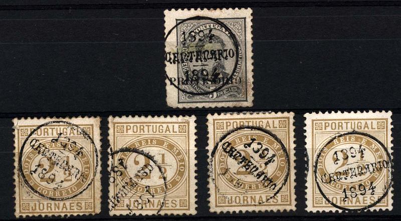 2569.jpg -     Lote:    2569      Lotes pelo Correio      Diversos       Descrição:         Carimbos comemorativos * Centenário Infante D. Henrique. Lote de 4 selos de 2 &frac12; reis tipo Jornaes + selo de 5 reis D. Luís de frente com sobrecarga Provisório, obliterados com carimbo batido a preto "1394 / CENTENÁRIO / 1894".        Lote       Valor Base:     &euro; 8,00     Valor Venda:     Retirado     
