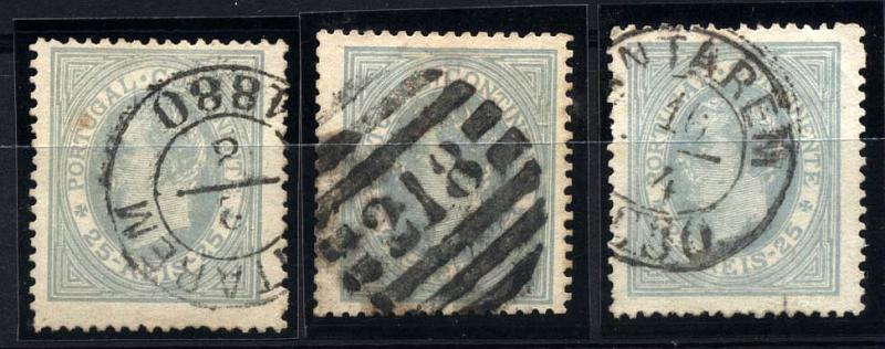 2572.jpg -     Lote:    2572      Lotes pelo Correio      Diversos       Descrição:         Marcofilia diversa. 1880/81 &mdash; D. Luís I de perfil. Lote de 3 selos de 25 reis cinzento em denteado 13 &frac12;, obliterados com carimbo datado de SANTARÉM e carimbo numérico da 2.ª reforma 218 &mdash; TAVIRA.        O       Valor Base:     &euro; 10,00     Valor Venda:     Retirado     