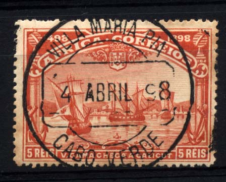 2573.jpg -     Lote:    2573      Lotes pelo Correio      Diversos       Descrição:         Carimbos circulares datados. 1898 &mdash; 4.º Centenário do Descobrimento do Caminho Marítimo para a Índia. CE2, 5 reis vermelho, obliterado com carimbo batido a preto de VILA MARIA PIA / CABO VERDE.        O       Valor Base:     &euro; 5,00     Valor Venda:     &euro; 26,00     