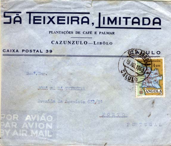 2576.jpg -     Lote:    2576      Lotes pelo Correio      Diversos       Descrição:         Carimbos circulares datados. 1955 &mdash; Mapa de Angola. CE384, 4$00 em carta circulada de Calulo (16.07.63) para o Porto. Carimbo batido a preto de CALULO.        Carta       Valor Base:     &euro; 5,00     Valor Venda:     &euro; 26,00     