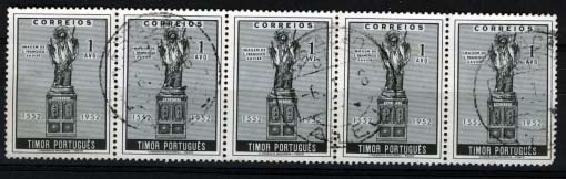 2578.jpg -     Lote:    2578      Lotes pelo Correio      Diversos       Descrição:         Carimbos circulares datados. 1952 &mdash; Centenário da Morte de S. Francisco Xavier. CE287, 1 avo preto e cinzento. Tira horizontal de 5 selos obliterados com carimbo batido a preto "ALEU".        O       Valor Base:     &euro; 4,00     Valor Venda:     Retirado     