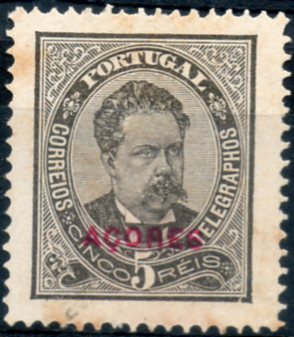 2631.jpg -     Lote:    2631      Lotes pelo Correio      Açores       Descrição:         Reimpressões de 1905. 1884/87 &mdash; D. Luís I de frente com sobrecarga Açores a vermelho. CE52, 5 reis preto. Ligeiras manchas. Valor de catálogo &euro; 29,00.        R*       Valor Base:     &euro; 5,00     Valor Venda:     Retirado     