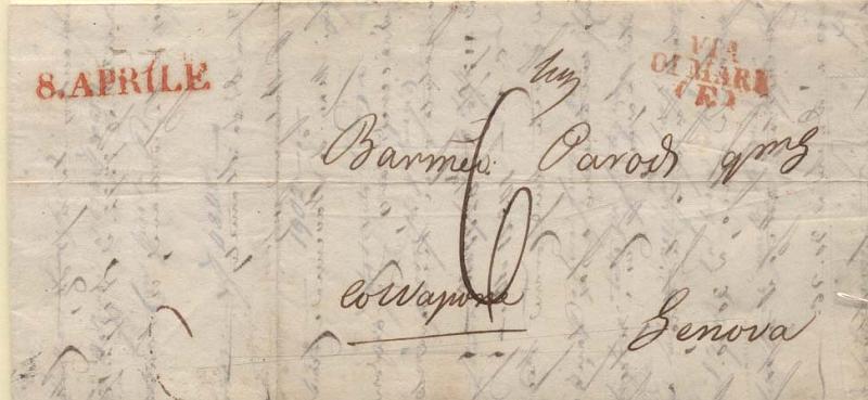 2650.jpg -     Lote:    2650      Lotes pelo Correio             Descrição:      Itália &mdash; Pré-filatelia.   Carta datada de Livorno (07.04.43) para Génova. Marcas a vermelho "8. APRILE" e "VIA DI MARE".        Carta       Valor Base:     &euro; 5,00     Valor Venda:     &euro; 5,00     