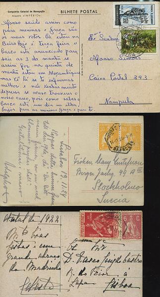 2695.jpg -     Lote:    2695      Lotes pelo Correio             Descrição:      Portugal e Moçambique.   Lote composto por 3 postais com selos Ceres, carta com selo de 3$50 Carmona, sobrescrito 1.º Voo FAM-18 e postal com selo de Moçambique (Rede de Telecomunicações). Lote a ver.        Lote       Valor Base:     &euro; 5,00     Valor Venda:     Retirado     