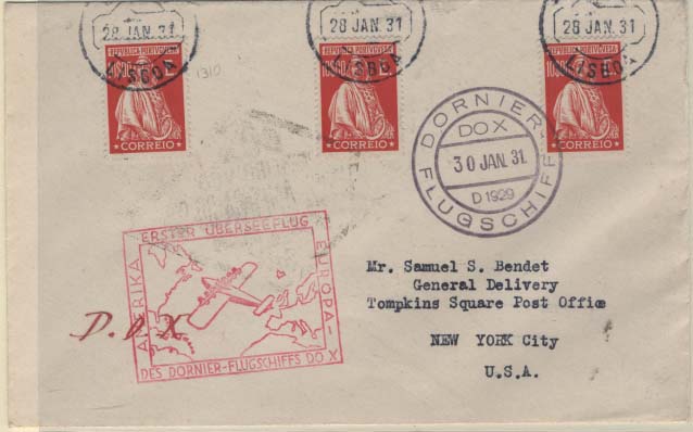 0843.jpg -     Lote:    843            Correio Aéreo       Descrição:         1931 (30.01) &mdash; Voo Europeu e Transatlântico do Dornier DO-X. Sobrescrito circulado de Lisboa (28.01.31) para Nova York (, com trânsito pelo Rio de Janeiro (22.06.31) com 3 selos de 10$00 tipo Ceres CE419. Carimbos de bordo batido a violeta + carimbo comemorativo do voo a vermelho + carimbo romboidal batido a preto. MB e R.        Aéreo       Valor Base:     &euro; 100,00     Valor Venda:     Retirado     