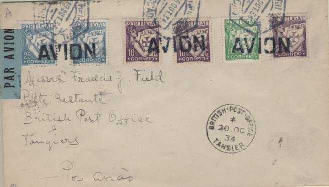 0846.jpg -     Lote:    846            Correio Aéreo       Descrição:         1934 (20.10) &mdash; Primeiro serviço aéreo da Aero Portuguesa. Sobrescrito circulado de Lisboa (19.10.34) para Tanger * British Post Office (20.10.34) com trânsito por Tanger (20.10.34) com selos tipo Lusíadas 2x10c + 2x25c + 80c + 2$00 = 3$50, CE516, 519, 524 e 528, obliterados com carimbo batido a preto "AVION". MB.        Aéreo       Valor Base:     &euro; 75,00     Valor Venda:     &euro; 300,00     