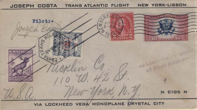 0847.jpg -     Lote:    847            Correio Aéreo       Descrição:         1936 (26.08) &mdash; Tentativa falhada da travessia Nova York-Lisboa pelo Luso-Americano Joseph Costa. Sobrescrito assinado pelo piloto, devidamente impresso a assinalar o evento, obliteração da estação de Nova York (26.08), carimbo especial "Costa Trans Atlantic Flight / New York &mdash; Lisbon, sobre selo privativo / porte franco da Sociedade de Geografia de Lisboa sobrecarregado a preto "COSTA / Trans-Atlantic Flight /1936 / New York &mdash; Lisbon", com selos dos EUA e da Terra Nova. MB e MR.        Aéreo       Valor Base:     &euro; 150,00     Valor Venda:     &euro; 190,00     