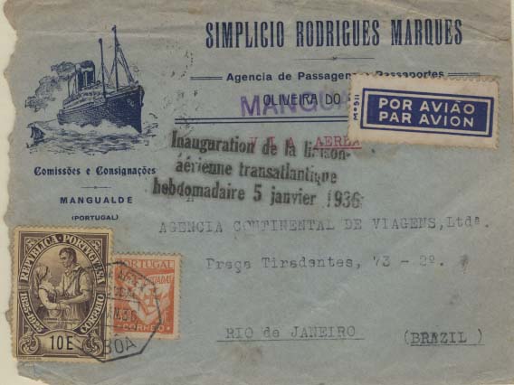 0848.jpg -     Lote:    848            Correio Aéreo       Descrição:         1936 (05.01) &mdash; Inauguração da ligação aérea transatlântica semanal em 05.01.36 pela Air France. Sobrescrito circulado de Lisboa (05.01.36) para o Rio de Janeiro (07.01.36) com selos de 4$50 tipo Lusíadas e 10E Centenário Camilo. Carimbo batido a preto "Inauguration de la ligne / aérienne transatlantique / hebdomadaire 5 janvier 1936".        Aéreo       Valor Base:     &euro; 40,00     Valor Venda:     &euro; 170,00     