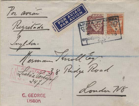 0851.jpg -     Lote:    851            Correio Aéreo       Descrição:         1936 (03.02) &mdash; Primeira expedição regular Lisboa &mdash; Londres pela Crilly Airways. Sobrescrito circulado registado de Lisboa (03.02.36) para Londres (05.02.36), com selos tipo Lusíadas de 1$00 e 4$50 CE525 e 529 (porte de 5$50 = 1.º porte para o estrangeiro + 1.º porte aéreo + registo). Selos obliterados com carimbo comemorativo batido a preto. MB.         Aéreo       Valor Base:     &euro; 50,00     Valor Venda:     Retirado     