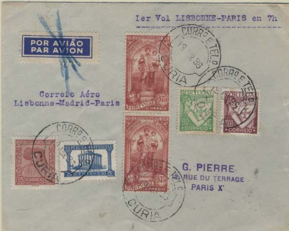 0852.jpg -     Lote:    852            Correio Aéreo       Descrição:         1936 (20.04) &mdash; 1.º Voo Lisboa &mdash; Madrid &mdash; Paris pela LAPE e Air France. Sobrescrito circulado da Curia (19.04.36) para Paris (22.04.36) com trânsito por Lisboa (19.04.36), com selos CE524, 525, 534 (par), 566 e 569.        Aéreo       Valor Base:     &euro; 40,00     Valor Venda:     &euro; 65,00     