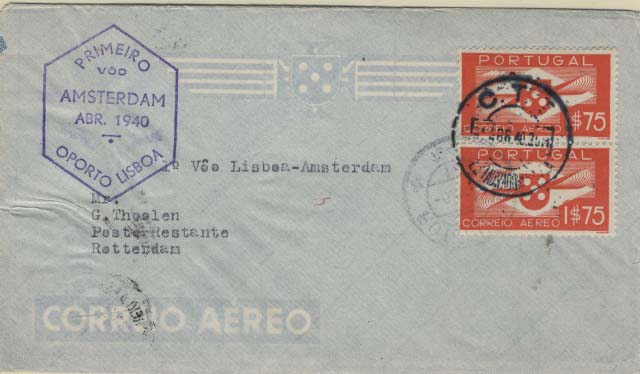 0855.jpg -     Lote:    855            Correio Aéreo       Descrição:         1940 (02.04) &mdash; Ligação aérea Lisboa &mdash; Porto - Amesterdão pela KLM. Sobrescrito circulado de Lisboa (01.04.40) para Roterdão (06.04.40) com dois selos de 1$75 CE CA2.        Aéreo       Valor Base:     &euro; 25,00     Valor Venda:     Retirado     