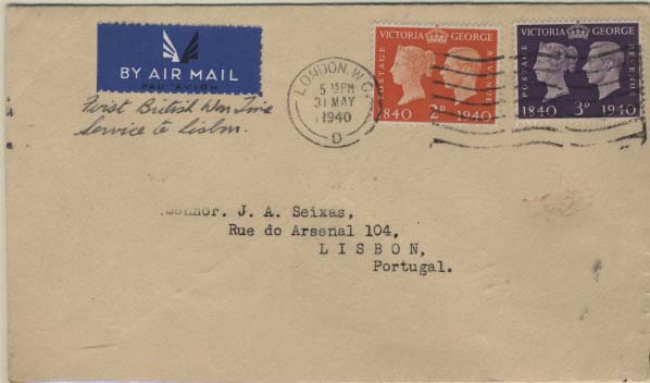 0858.jpg -     Lote:    858            Correio Aéreo       Descrição:         1940 (01.06) &mdash; 1.º serviço aéreo britânico de Londres para Lisboa no período de guerra. Sobrescrito circulado de Londres (31.05.40) para Lisboa (05.06.40). B e R.        Aéreo       Valor Base:     &euro; 75,00     Valor Venda:     &euro; 110,00     