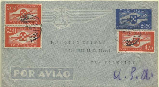 0861.jpg -     Lote:    861            Correio Aéreo       Descrição:         1939 &mdash; Tipo Hélice. Sobrescrito de correio aéreo. OM1. 3$50 azul. Circulado com 3 selos tipo Hélice de 1$75 CE CA2 de Lisboa (29.09.40) para Nova York.        Aéreo       Valor Base:     &euro; 10,00     Valor Venda:     &euro; 24,00     