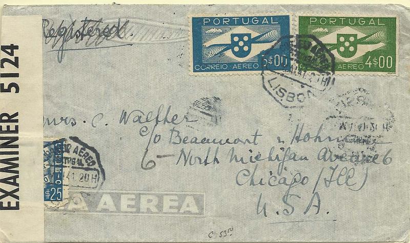 0863.jpg -     Lote:    863            Correio Aéreo       Descrição:         1936/41 &mdash; Hélice. Sobrescrito circulado por via aérea de Lisboa (31.05.41) para os EUA com selos de 3$00 e 4$00, CE4/5. Censurado pelos ingleses. MB.        Aéreo       Valor Base:     &euro; 20,00     Valor Venda:     &euro; 22,00     