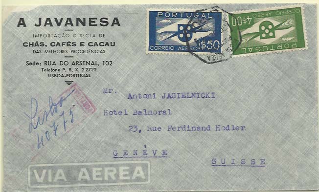 0864.jpg -     Lote:    864            Correio Aéreo       Descrição:         1936/41 &mdash; Correio Aéreo. Tipo Hélice. Sobrescrito circulado registado, por via aérea, de Lisboa (02.12.42) para a Suíça (02.12.42), com selos de 1$50 e 4$00, CE CA1 e 4. MB.        Aéreo       Valor Base:     &euro; 20,00     Valor Venda:     &euro; 24,00     