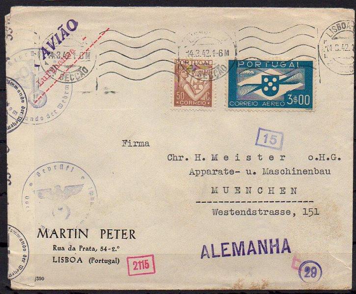 0865.jpg -     Lote:    865            Correio Aéreo       Descrição:         1936/41 &mdash; Tipo Hélice. Sobrescrito circulado de Lisboa (14.03.42) para Munique pela Lufthansa, com selos de $50 tipo Lusíadas e 3$00 tipo Hélice CE CA4.        Aéreo       Valor Base:     &euro; 15,00     Valor Venda:     Retirado     