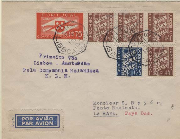 0866.jpg -     Lote:    866            Correio Aéreo       Descrição:         1940 (02.04) &mdash; Ligação aérea Lisboa &mdash; Porto - Amesterdão pela KLM. Sobrescrito circulado de Lisboa (01.04.40) para Haia (06.04.40) com dois selos CE570, 571(4) e 1$75 CE CA2.        Aéreo       Valor Base:     &euro; 25,00     Valor Venda:     &euro; 34,00     