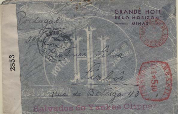 0867.jpg -     Lote:    867            Correio Aéreo       Descrição:         1943 (22.02) &mdash; Correio aéreo acidentado. Acidente com o Yankee Clipper no Tejo em Lisboa. Sobrescrito circulado do Rio de Jneiro (16.01.43) para Lisboa (03.03.43). Correio censurado pelos ingleses com cinta branca + marca do acidente utilizado no correio para Portugal, batida a rosa "SALVADOS DO YANKEE CLIPPER". MB e R.        Aéreo       Valor Base:     &euro; 125,00     Valor Venda:     &euro; 150,00     