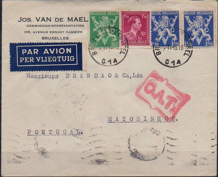 0869.jpg -     Lote:    869            Correio Aéreo       Descrição:         O.A.T. &mdash; Sobrescrito circulado por via aérea da Bélgica (02.11.45) para Matosinhos (09.11.45) com trânsito por Lisboa (08.11.45). Marca "O.A.T" tipo VIII (Heifetz).        Aéreo       Valor Base:     &euro; 50,00     Valor Venda:     Retirado     