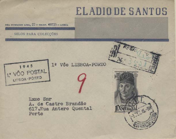 0871.jpg -     Lote:    871            Correio Aéreo       Descrição:         1945 (03.12) &mdash; 1.º Voo Lisboa-Porto. Sobrescrito circulado registado de Lisboa (03.12.45) para o Porto (03.12.45) com selo de 2$00 CE650. Carimbo comemorativo batido a preto.        Aéreo       Valor Base:     &euro; 8,00     Valor Venda:     Retirado     