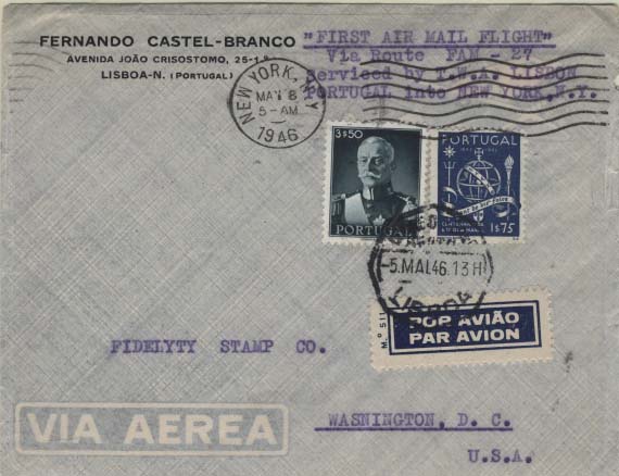 0872.jpg -     Lote:    872            Correio Aéreo       Descrição:         1946 (06.05) &mdash; Lisboa-Nova York pelo FAM27 com ligação a Madrid pela TWA. Sobrescrito cisculado de Lisboa (05.05.46) para Nova York (08.05.46), com selos CE659 e 663. MB e R.        Aéreo       Valor Base:     &euro; 50,00     Valor Venda:     Retirado     