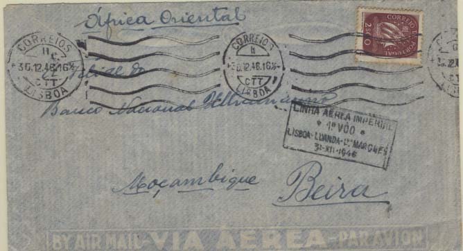 0873.jpg -     Lote:    873            Correio Aéreo       Descrição:         1947 (11.01.47) &mdash; 1.º Voo da Linha Aérea Imperial * Lisboa &mdash; Luanda &mdash; L. Marques. Sobrescrito circulado de Lisboa (30.12.46) para a Beira (07.01.47) com selos tipo Caravela de 2$00. Carimbo comemorativo batido a preto.        Aéreo       Valor Base:     &euro; 10,00     Valor Venda:     Retirado     