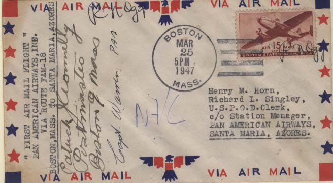 0874.jpg -     Lote:    874            Correio Aéreo       Descrição:         1947 &mdash; FAM18 * 1.º Voo pela P.A.A. de Boston para Santa Maria. Sobrescrito circulado de Boston (25.03.47) para Santa Maria (26.03.47). Sobrescrito com as assinaturas da tripulação da aeronave.        Aéreo       Valor Base:     &euro; 25,00     Valor Venda:     Retirado     