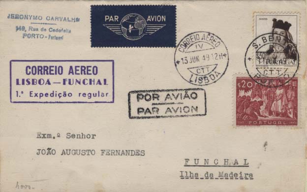 0877.jpg -     Lote:    877            Correio Aéreo       Descrição:         1949 (03.06) &mdash; 1.ª Expedição Regular Lisboa &mdash; Funchal. Sobrescrito circulado de Lisboa (13.06.49) para o Funchal (13.06.49) com selos CE680 e 686. Carimbo comemorativo batido a violeta.        Aéreo       Valor Base:     &euro; 15,00     Valor Venda:     &euro; 15,00     