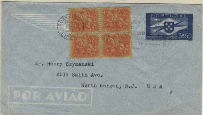 0878.jpg -     Lote:    878            Correio Aéreo       Descrição:         1939 &mdash; Tipo Hélice. Sobrescritos de correio aéreo. OM1, 3$50 azul circulado de Lisboa (14.02.54) para os EUA com selos adicionais tipo Cavaleiro Medieval de $20 (quadra).        Aéreo       Valor Base:     &euro; 10,00     Valor Venda:     &euro; 22,00     