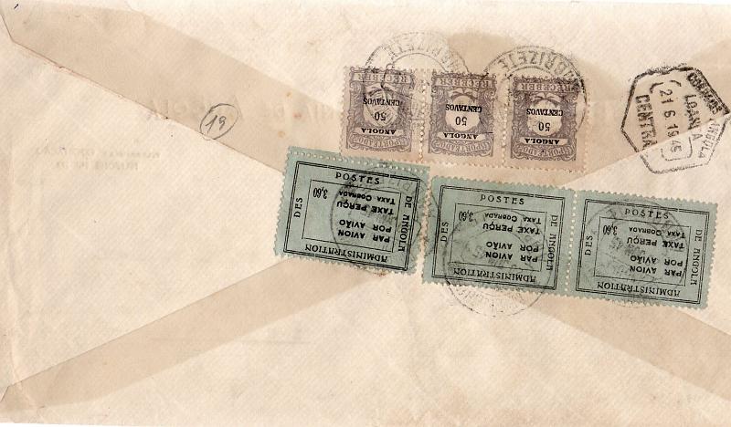 0883.jpg -     Lote:    883            Correio Aéreo       Descrição:         Angola. 1945 &mdash; Sobretaxa do Correio Aéreo. Legenda "TAXE PERÇU/TAXA COBRADA". Sobrescrito circulado de Ambrizete (20.06.45) para Luanda (21.06.45) com 3 selos de porteado de $50 CE POR30, utilizados como selos de recurso do correio ordinário e 3 selos de 3,60 Ags CE CA5. Todos no verso da carta.        Aéreo       Valor Base:     &euro; 50,00     Valor Venda:     Retirado     