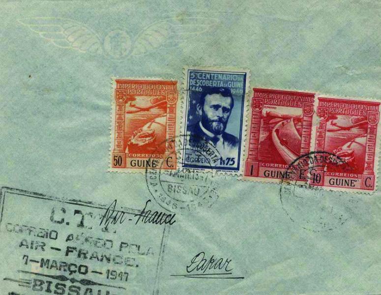 0884.jpg -     Lote:    884            Correio Aéreo       Descrição:         Guiné. 1.º Voo Bissau-Dakar pela Air France. Sobrescrito circulado de Bissau (07.03.47) para Dakar (07.03.47) com selos CE235, 244, CA1 e 3. Carimbo comemorativo do voo batido a preto.        Aéreo       Valor Base:     &euro; 20,00     Valor Venda:     &euro; 36,00     