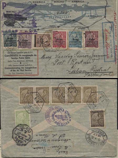 0887.jpg -     Lote:    887            Correio Aéreo       Descrição:         Macau. 1937 (28.04) &mdash; 1.º Voo Trans.Pacifico Macau &mdash; USA. Sobrescrito circulado de Macau (28.04.37) para Lisboa (24.05.37) com trânsito por São Francisco (04.05.37) e Nova York (06.05.37) com série completa tipo Padrões com sobrecarga "Avião" CE CA1/6 + selos tipo Padrões de 1 avo, 30 avos e 5 x 50 avos CE289, 282 e 284.        Aéreo       Valor Base:     &euro; 25,00     Valor Venda:     &euro; 25,00     