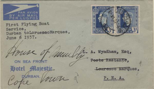 0891.jpg -     Lote:    891            Correio Aéreo       Descrição:         Moçambique. 1937 (06.06) &mdash; 1.º Voo pelo hidroavião "Courtier" de Durban a Lourenço Marques. Sobrescrito circulado de Durban (06.06.37) para Lourenço Marques (07.06.37) e devolvido ao remetente.        Aéreo       Valor Base:     &euro; 25,00     Valor Venda:     &euro; 30,00     