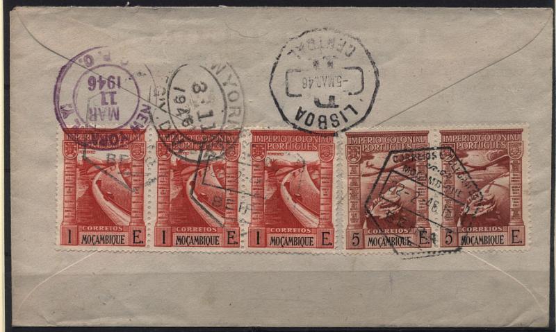 0893.jpg -     Lote:    893            Correio Aéreo       Descrição:         Moçambique. 1938 &mdash; Correio Aéreo. Império Colonial Português. Sobrescrito circulado por via aérea registado, de Tete (12.02.46) para Nova York (11.03.46) via Lisboa (05.03.46) com selos de 1$00(3) CE301 (1.º porte ordinário + registo) e selos de 5$00 (2) CE CA7 (2.º porte correio aéreo).        Aéreo       Valor Base:     &euro; 18,00     Valor Venda:     Retirado     