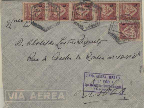 0894.jpg -     Lote:    894            Correio Aéreo       Descrição:         Moçambique. 1947 (11.01.47) &mdash; 1.º Voo de retorno da Linha Aérea Imperial * Lourenço Marques &mdash; Luanda &mdash; Lisboa. Sobrescrito circulado de Lourenço Marques (10.01.47) para Lisboa (17.01.47) com selos tipo Lusíadas de 1$00 (6). Carimbo comemorativo batido a violeta.        Aéreo       Valor Base:     &euro; 12,00     Valor Venda:     Retirado     