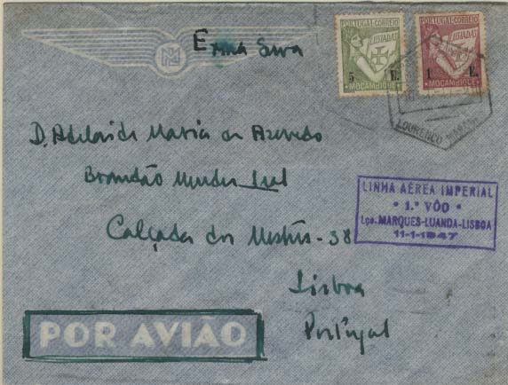 0895.jpg -     Lote:    895            Correio Aéreo       Descrição:         Moçambique. 1947 (11.01.47) &mdash; 1.º Voo de retorno da Linha Aérea Imperial * Lourenço Marques &mdash; Luanda &mdash; Lisboa. Sobrescrito circulado de Lourenço Marques (10.01.47) para Lisboa (17.01.47) com selos tipo Lusíadas de 1E e 5E. Carimbo comemorativo batido a violeta.        Aéreo       Valor Base:     &euro; 12,00     Valor Venda:     Retirado     