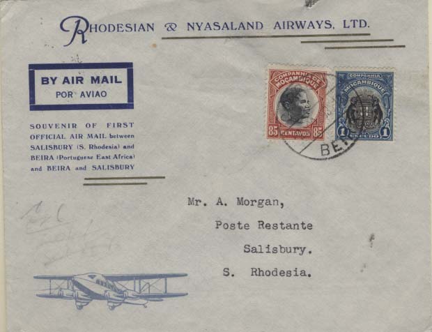 0896.jpg -     Lote:    896            Correio Aéreo       Descrição:         Moçambique. 1935 (03.08) &mdash; 1.º Voo (retorno) Beira &mdash; Salisbury. Sobrescrito circulado da Beira (03.08.35) para Salisbury (03.08.36) com selos CE160 e 166.        Aéreo       Valor Base:     &euro; 20,00     Valor Venda:     Retirado     
