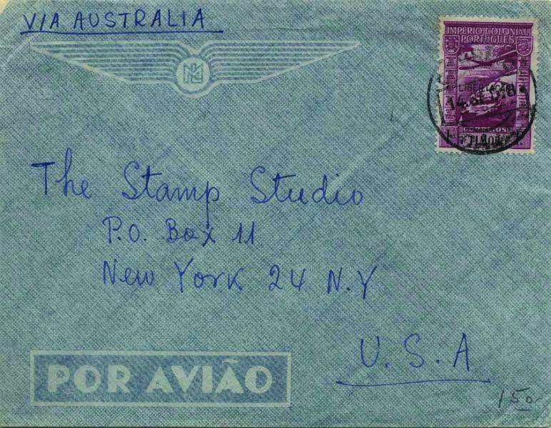 0898.jpg -     Lote:    898            Correio Aéreo       Descrição:         Timor. 1947 &mdash; Correio aéreo. Tipo Império Colonial Português com sobrecarga "LIBERTAÇÃO". Sobrescrito circulado por via aérea de Dili (14.09.48) para os EUA via Austrália com selo de 1P lilás rosa CE CA23. MB.        Aéreo       Valor Base:     &euro; 50,00     Valor Venda:     Retirado     