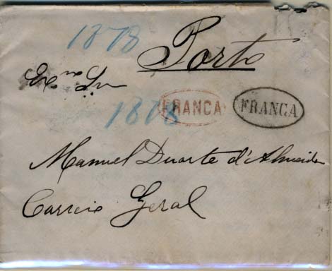 0900.jpg -     Lote:    900            Correio marítimo       Descrição:         Correio marítimo. Carta remetida de S. Vicente por passageiro a bordo de transatlântico em viagem para o Brasil, para o Porto (28.02.78 &mdash; carimbo batido a vermelho) e marca "P. TRANSATLANTICO / 27 / FEV / 78", batida a verde no verso. Na frente duas marcas batidas a vermelho e preto "FRANCA". MB e MR.        Carta       Valor Base:     &euro; 75,00     Valor Venda:     &euro; 160,00     