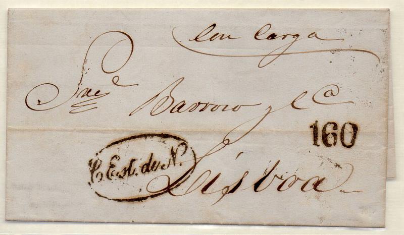 0903.jpg -     Lote:    903            Correio marítimo       Descrição:         Correio marítimo. Lisboa * C. Est. de N. &mdash; A preto, GM LSB CEst2 em carta datada de Málaga (29.10.62) para Lisboa (03.11.62), com o porte de 160 reis batido a preto.        Carta       Valor Base:     &euro; 10,00     Valor Venda:     Retirado     