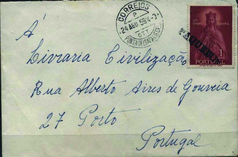 0909.jpg -     Lote:    909            Correio marítimo       Descrição:         Correio marítimo. Correio de bordo. Sobrescrito lançado em caixa de correio a bordo de Paquete para o Porto com selo de 1$00 CE835 obliterado com carimbo linear a preto "PAQUEBOT" e marca de dia de Ponta Delgada (24.08.59) &mdash; 1.º porto de trânsito do paquete.         Carta       Valor Base:     &euro; 20,00     Valor Venda:     Retirado     