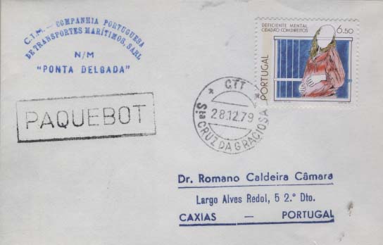 0911.jpg -     Lote:    911            Correio marítimo       Descrição:         Correio marítimo &mdash; Lote de 10 sobrescritos com carimbo batido a azul do N/M Ponta Delgada da C.T.M. Todos obliterados com marca de denominação de origem "PAQUEBOT" de Ponta Delgada + CCD's do Corvo, St.ª Cruz da Graciosa, Lajes do Pico, Praia da Graciosa, ??? das Flores, Velas, Calheta (S. Jorge), Madalena (Pico), S. Roque do Pico, Ponta Delgada &mdash; Açores e Praia da Vitória. Lote a ver.        Lote       Valor Base:     &euro; 15,00     Valor Venda:     Retirado     
