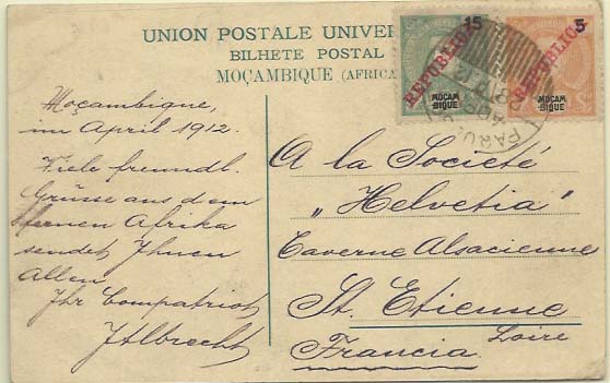 0913.jpg -     Lote:    913            Correio marítimo       Descrição:         Moçambique. Carimbos do correio marítimo. 1911 &mdash; D. Carlos I com sobrecarga REPUBLICA da Casa da Moeda. CE105 e 106, 5 reis amarelo e 15 reis verde sobre postal ilustrado lançado a bordo de paquete com destino a St. Etienne * França. Selos obliterados com carimbo batido a preto "PAQUEBOT / ADEN / 28 AP 12" (Hosking 1389).        PI       Valor Base:     &euro; 125,00     Valor Venda:     Retirado     