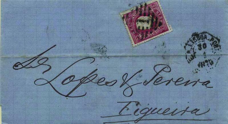0914.jpg -     Lote:    914            Correio ferroviário       Descrição:         Correio ferroviário. 1870/76 &mdash; D. Luís I, fita direita. CE40, 25 reis carmim, denteado 12 &frac12;, sobre carta circulada pela ambulância ferroviária Lisboa-Porto (30.01.75). Carimbo quadrado "1" e carimbo octogonal "E.A. LISBOA-PORTO" batidos a preto.        Carta       Valor Base:     &euro; 30,00     Valor Venda:     &euro; 70,00     