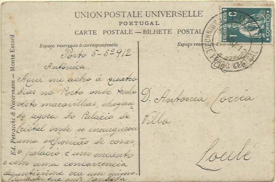 0916.jpg -     Lote:    916            Correio ferroviário       Descrição:         Carimbos ferroviários. 1912 &mdash; Ceres. CE208, 1C verde, papel porcelana, denteado 15x14 sobre postal ilustrado circulado do Porto (06.05.12) para Loulé. Carimbo batido a preto "CAMINHO DE FERRO CENTRAL / PORTO".        PI       Valor Base:     &euro; 6,00     Valor Venda:     Retirado     