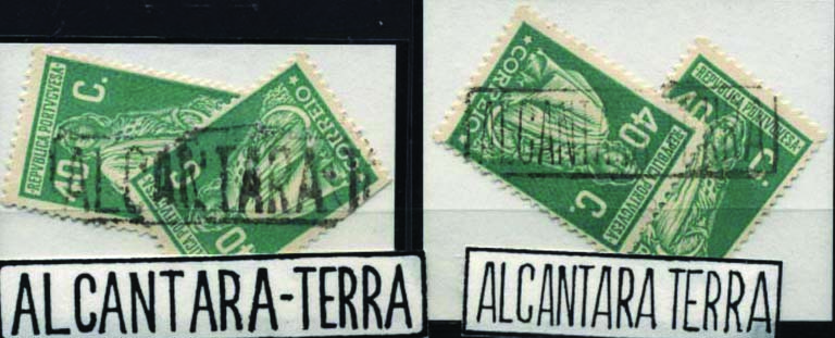 0921.jpg -     Lote:    921            Correio ferroviário       Descrição:         Marcas do correio ferroviário. 1926 &mdash; Ceres. Emissão Londres. CE406, 40c verde esmeralda. Lote de quatro selos, obliterados com carimbos batidos a preto "ALCANTARA-TERRA" &mdash; dois tipos diferentes.        O       Valor Base:     &euro; 30,00     Valor Venda:     Retirado     