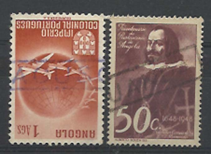 0928.jpg -     Lote:    928            Correio ferroviário       Descrição:         Angola. Carimbos ferroviários. Lote de dois selos CE295 e 306 obliterados respectivamente com carimbos nominativos ferroviários batidos a violeta "CACUSO" e preto "LUANDA".        O       Valor Base:     &euro; 30,00     Valor Venda:     Retirado     