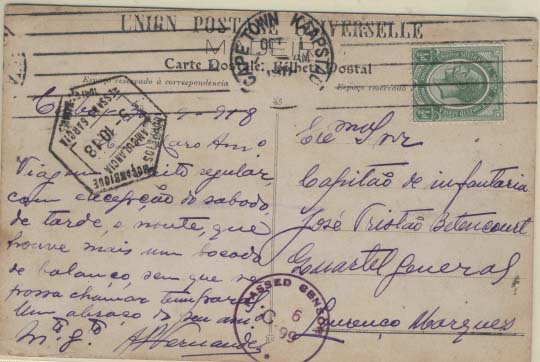 0931.jpg -     Lote:    931            Correio ferroviário       Descrição:         Moçambique * Correio ferroviário. Postal ilustrado circulado de Cape Town (01.10.18) para Lourenço Marques (05.10.18) com selo de &frac12; d YV2. Carimbo hexagonal batido a preto "CORREIOS MOÇAMBIQUE / AMBULANCIA / RESSANO GARCIA / LOURENÇO MARQUES".        PI       Valor Base:     &euro; 10,00     Valor Venda:     Retirado     