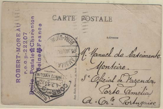 0932.jpg -     Lote:    932            Correio ferroviário       Descrição:         Moçambique * Correio ferroviário. Postal ilustrado circulado de França (01.01.33) para Porto Amélia (04.02.33). Carimbo circular datado a preto "AMBULANCIA / BEIRA UMTALI / 26.01.33).        PI       Valor Base:     &euro; 10,00     Valor Venda:     &euro; 12,00     