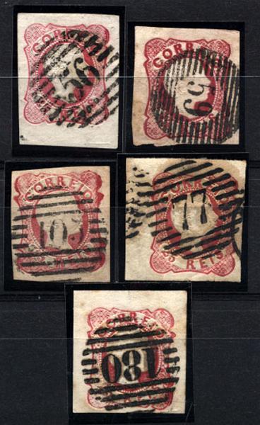 1743.jpg -     Lote:    1743            Portugal       Descrição:         Carimbos numéricos da 1.ª reforma. 1856/58 &mdash; D. Pedro V. Cabelos anelados. CE13, 25 reis carmim. Lote de cinco selos: um do cunho V, com carimbo 1.ª reforma "56 - Braga" tipo 3.5.3 + um do cunho V com carimbo da 1.ª reforma "59 &mdash; Santa Cruz" tipo 6.8.6 + um cunho IV, com carimbo da 1.ª reforma "103 &mdash; Barcelos" tipo 4.3.4 + um cunho IV, com carimbo da 1.ª reforma "77 &mdash; Coimbra", tipo 3.5.4 (não catalogado ?) + um cunho III, com carimbo da 1.ª reforma "180 &mdash; Chaves", tipo 4.3.4.        Lote       Valor Base:     &euro; 15,00     Valor Venda:     &euro; 15,00     